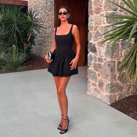 Zara Ruched Corset Dress Black Square Neck V-Waist Size L - Picture 11 of 15